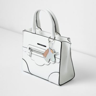 Girls white structured unicorn tote bag